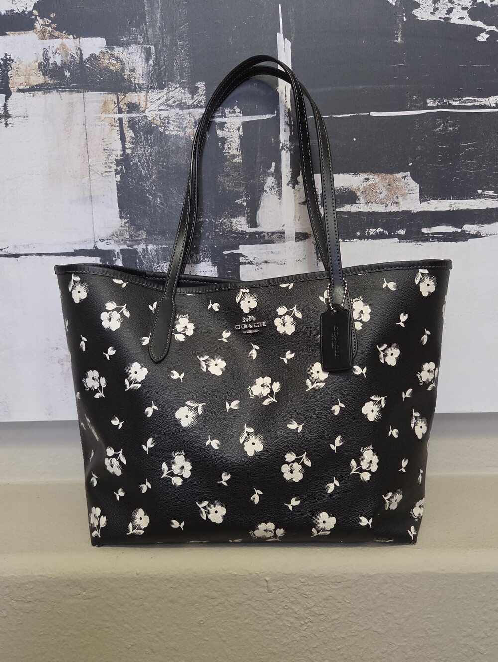 Coach Black with White Flowers Tote Bag - Classic Everyday Carry Preloved